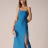 The Blue Cowl Neck Ruched Slip Midi Dress