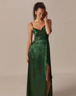 The Green Cowl Neck Jacquard Satin Maxi Dress -Deals Dress N Swimwear Store the cowl neck satin jacquard dress dresses ncga11 935954