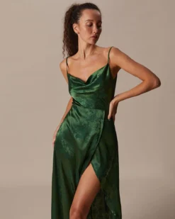 The Green Cowl Neck Jacquard Satin Maxi Dress -Deals Dress N Swimwear Store the cowl neck satin jacquard dress dresses vwg2j4 529478