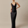 The Black Cowl Neck Sheath Satin Maxi Dress