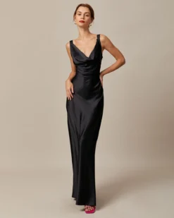 The Black Cowl Neck Sheath Satin Maxi Dress