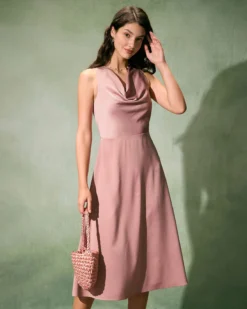 The Pink Cowl Neck Sleeveless Satin Midi Dress -Deals Dress N Swimwear Store the cowl neck satin midi dress dresses kc82lf