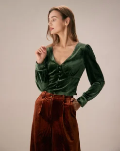 The Dark Green V Neck Button Velvet Blouse -Deals Dress N Swimwear Store the dark green v neck velvet blouse tops gtdtqt
