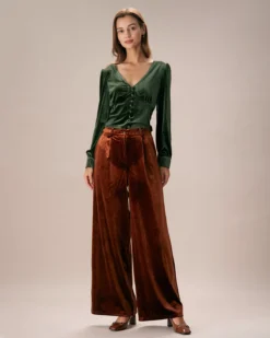 The Dark Green V Neck Button Velvet Blouse -Deals Dress N Swimwear Store the dark green v neck velvet blouse tops knkvoc