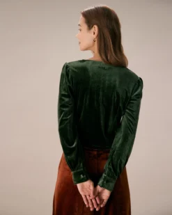 The Dark Green V Neck Button Velvet Blouse -Deals Dress N Swimwear Store the dark green v neck velvet blouse tops tqcat8