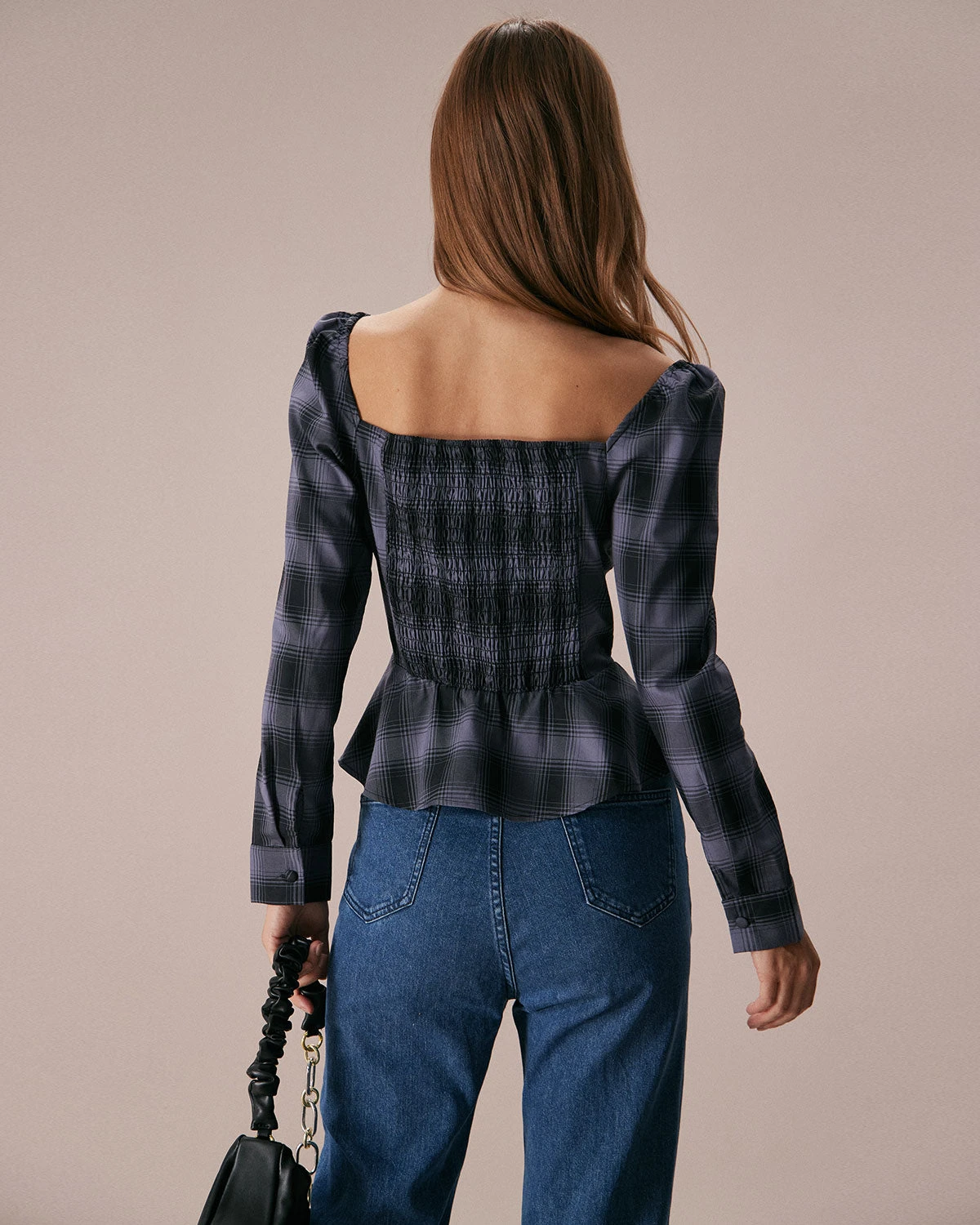The Dusty Blue Sweetheart Neck Plaid Blouse 5 The Dusty Blue Sweetheart Neck Plaid Blouse - Image 5