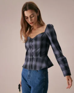 The Dusty Blue Sweetheart Neck Plaid Blouse 8 The Dusty Blue Sweetheart Neck Plaid Blouse -Deals Dress N Swimwear Store the dusty blue sweetheart neck plaid blouse tops fjmd07