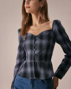 The Dusty Blue Sweetheart Neck Plaid Blouse 7 The Dusty Blue Sweetheart Neck Plaid Blouse -Deals Dress N Swimwear Store the dusty blue sweetheart neck plaid blouse tops xzxavz