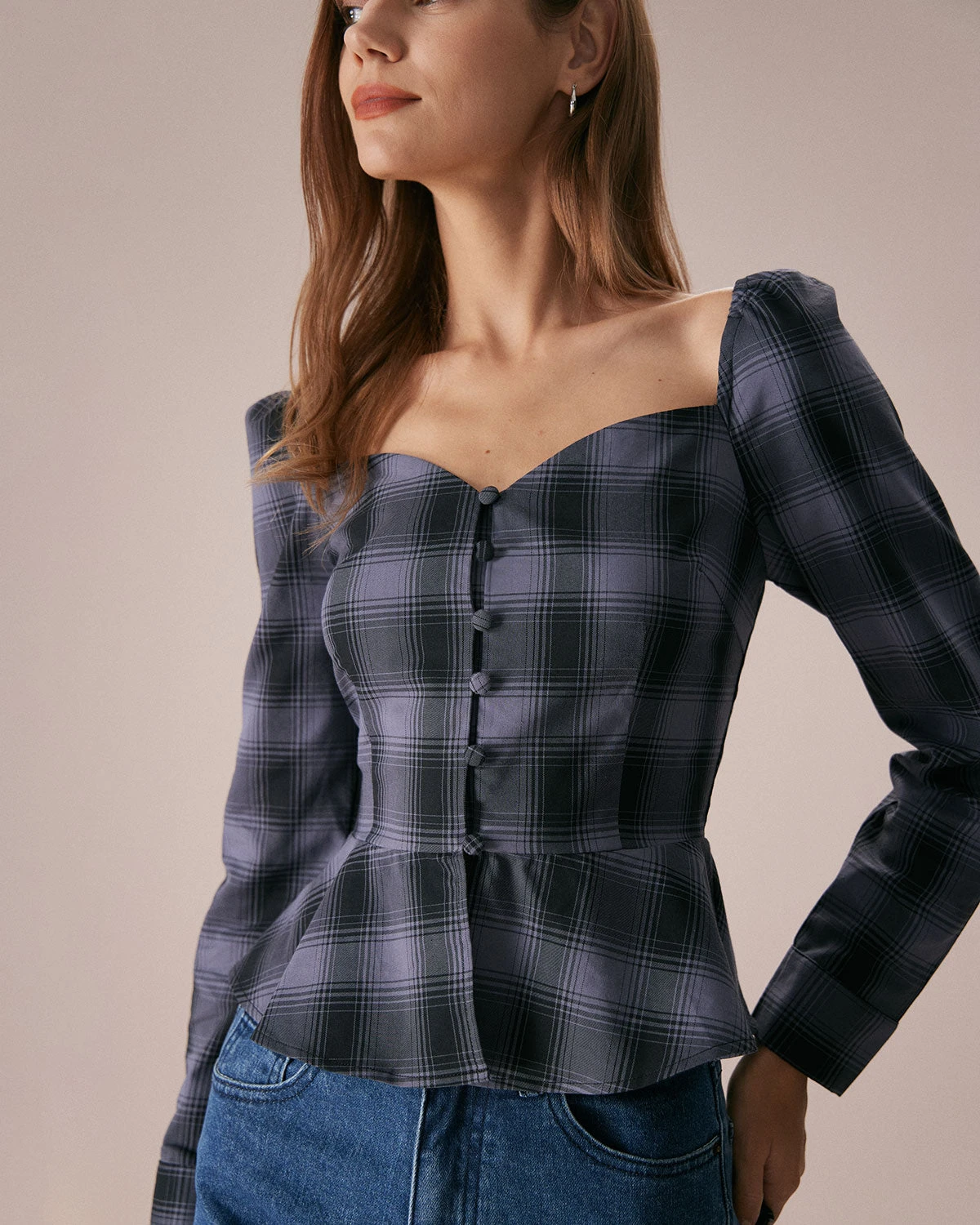 The Dusty Blue Sweetheart Neck Plaid Blouse 3 The Dusty Blue Sweetheart Neck Plaid Blouse - Image 3