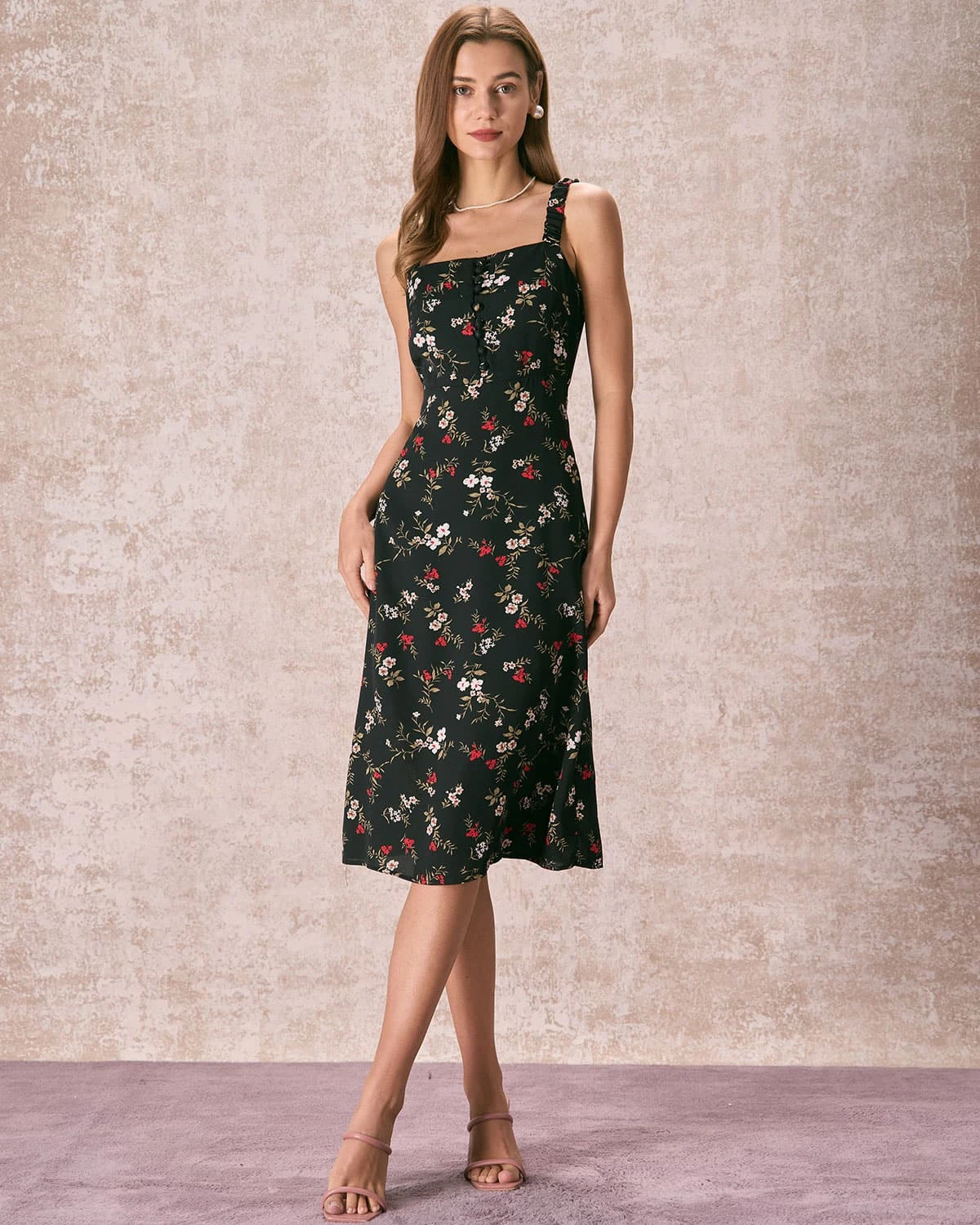 The Black Elasticized Straps Floral Midi Dress 4 The Black Elasticized Straps Floral Midi Dress - Image 4