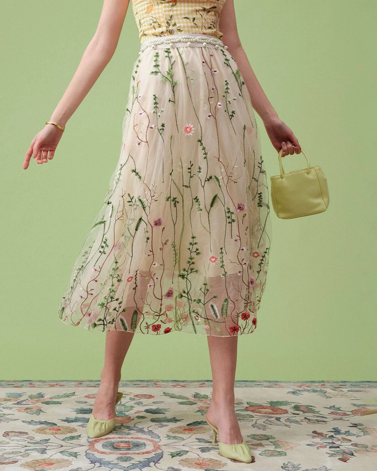 The High Waisted Floral Embroidery A-line Midi Skirt 1 The High Waisted Floral Embroidery A-line Midi Skirt