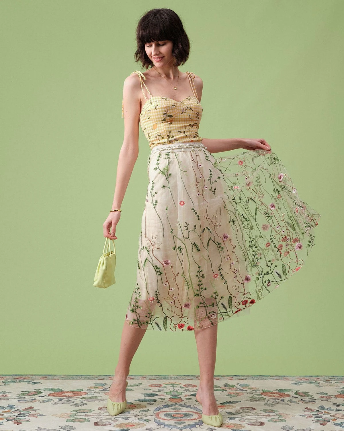 The High Waisted Floral Embroidery A-line Midi Skirt 3 The High Waisted Floral Embroidery A-line Midi Skirt - Image 3