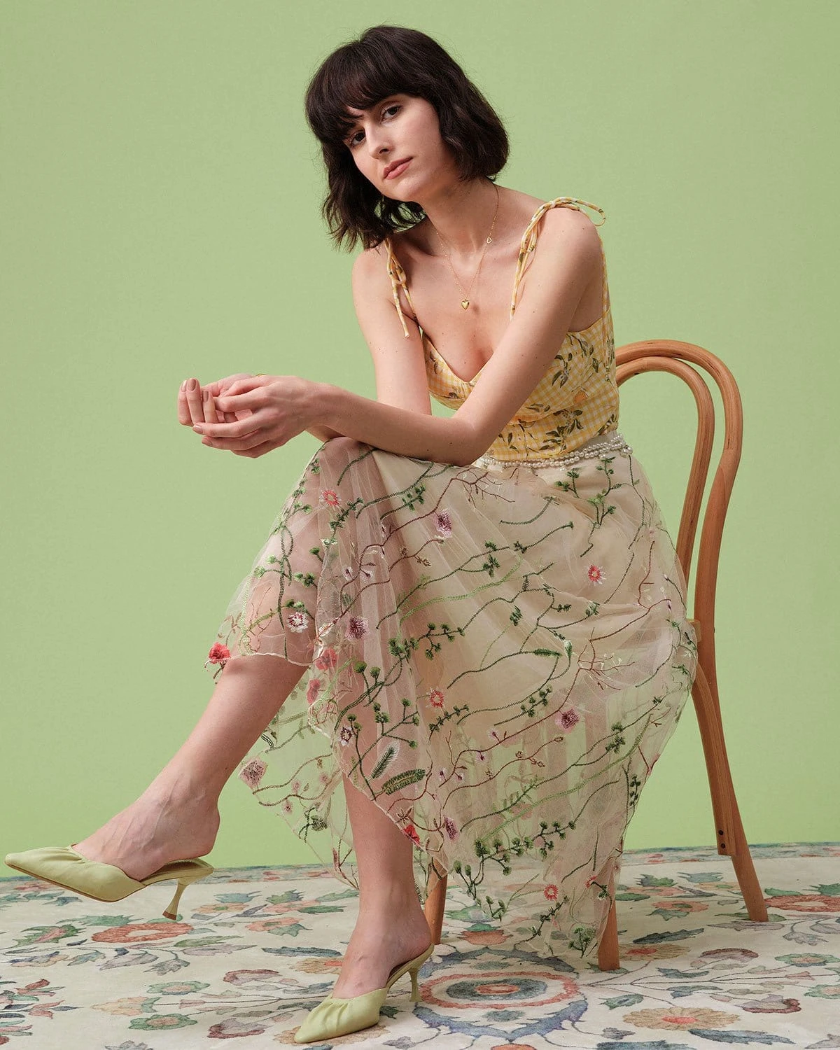 The High Waisted Floral Embroidery A-line Midi Skirt 4 The High Waisted Floral Embroidery A-line Midi Skirt - Image 4