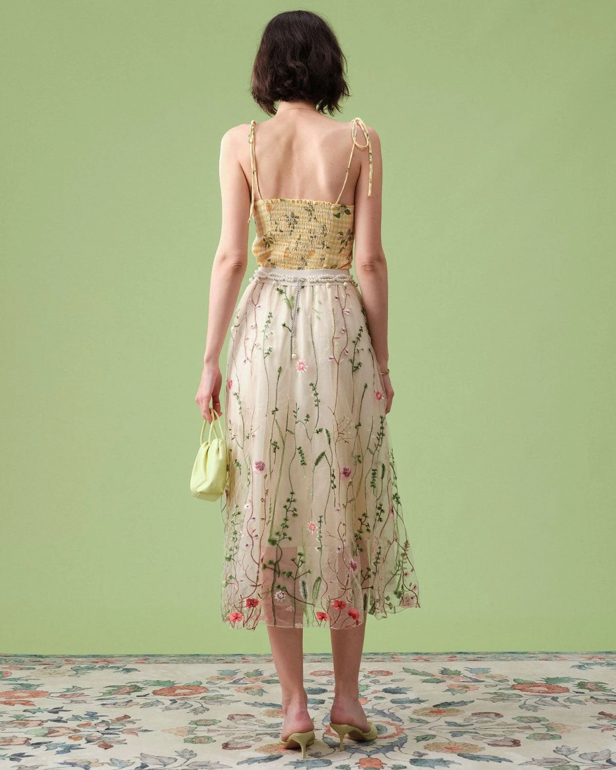 The High Waisted Floral Embroidery A-line Midi Skirt 5 The High Waisted Floral Embroidery A-line Midi Skirt - Image 5