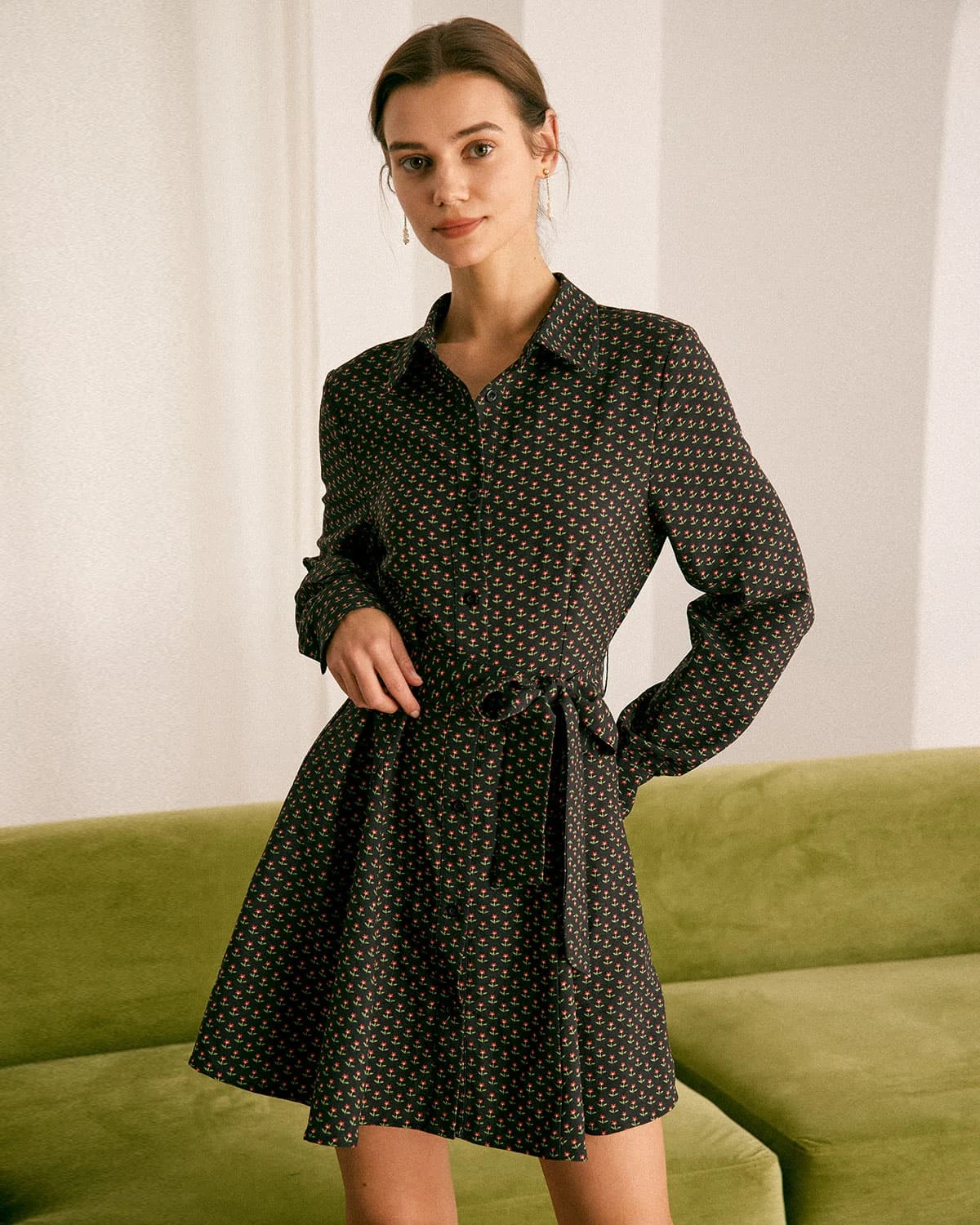 The Black Floral Belted A-Line Shirt Mini Dress 1 The Black Floral Belted A-Line Shirt Mini Dress