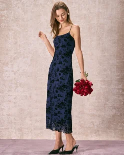 The Navy Floral Flocked Mesh Slip Maxi Dress -Deals Dress N Swimwear Store the floral flocked mesh dress dresses elb3sq