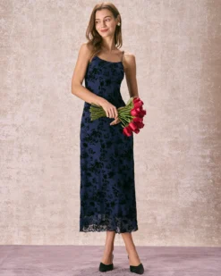 The Navy Floral Flocked Mesh Slip Maxi Dress