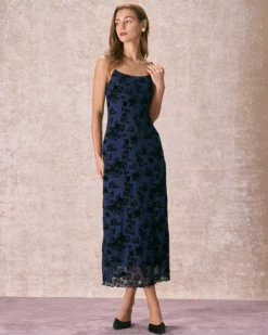 The Navy Floral Flocked Mesh Slip Maxi Dress -Deals Dress N Swimwear Store the floral flocked mesh dress navy dresses uspzsp