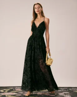 The Black Floral Flocked Mesh Slit Maxi Dress