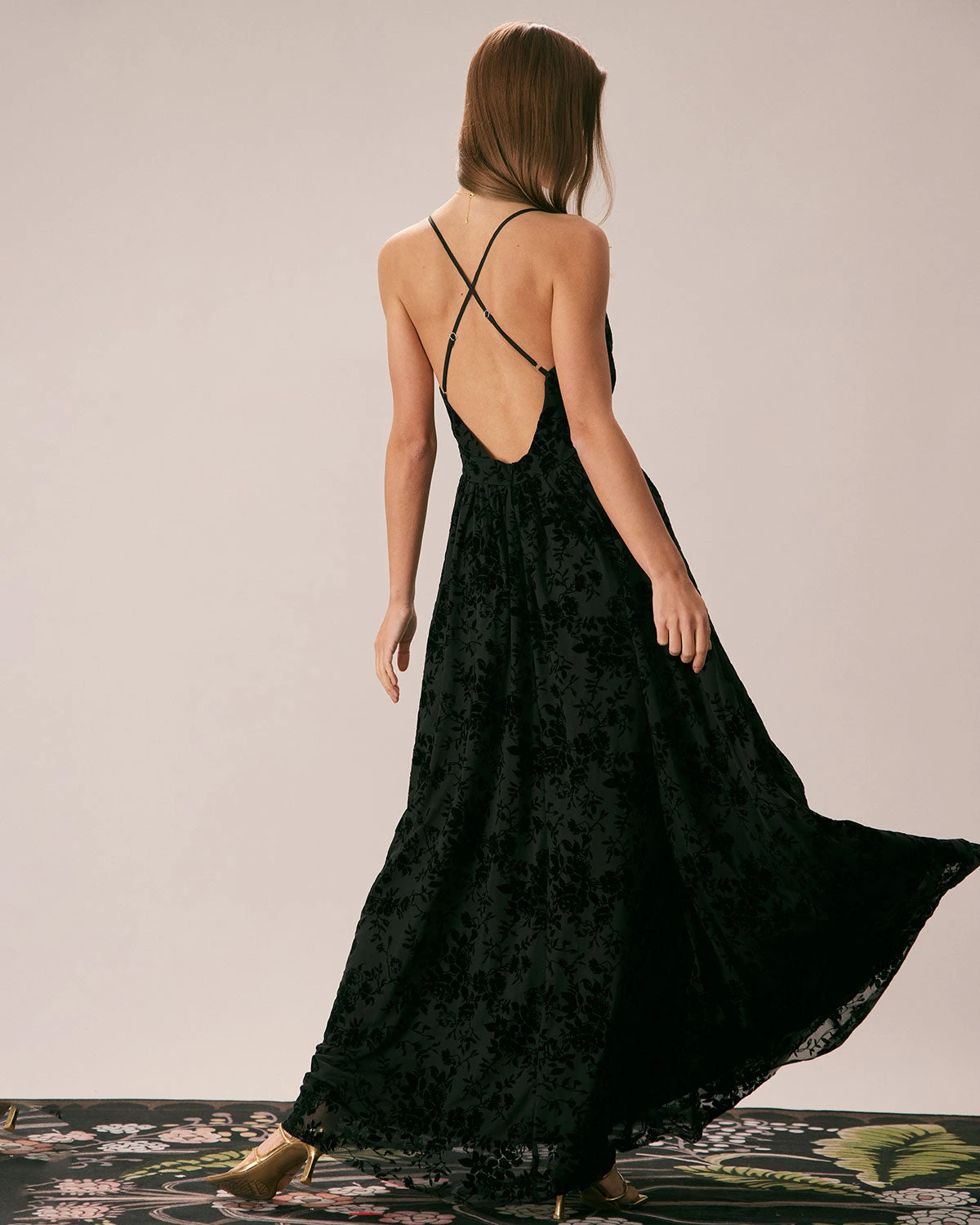 The Black Floral Flocked Mesh Slit Maxi Dress 6 The Black Floral Flocked Mesh Slit Maxi Dress - Image 6