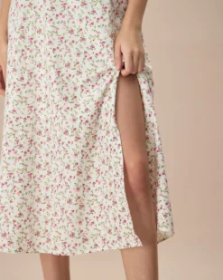 The Beige Sweetheart Neck Puff Sleeve Floral Midi Dress -Deals Dress N Swimwear Store the floral puff sleeve split hem midi dress dresses ofvyio