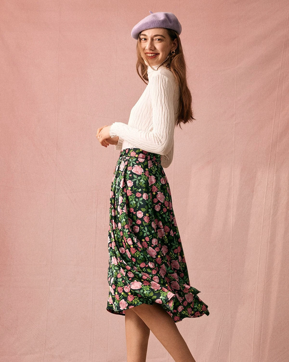 The High Waisted Slit Floral Satin Midi Skirt 2 The High Waisted Slit Floral Satin Midi Skirt - Image 2