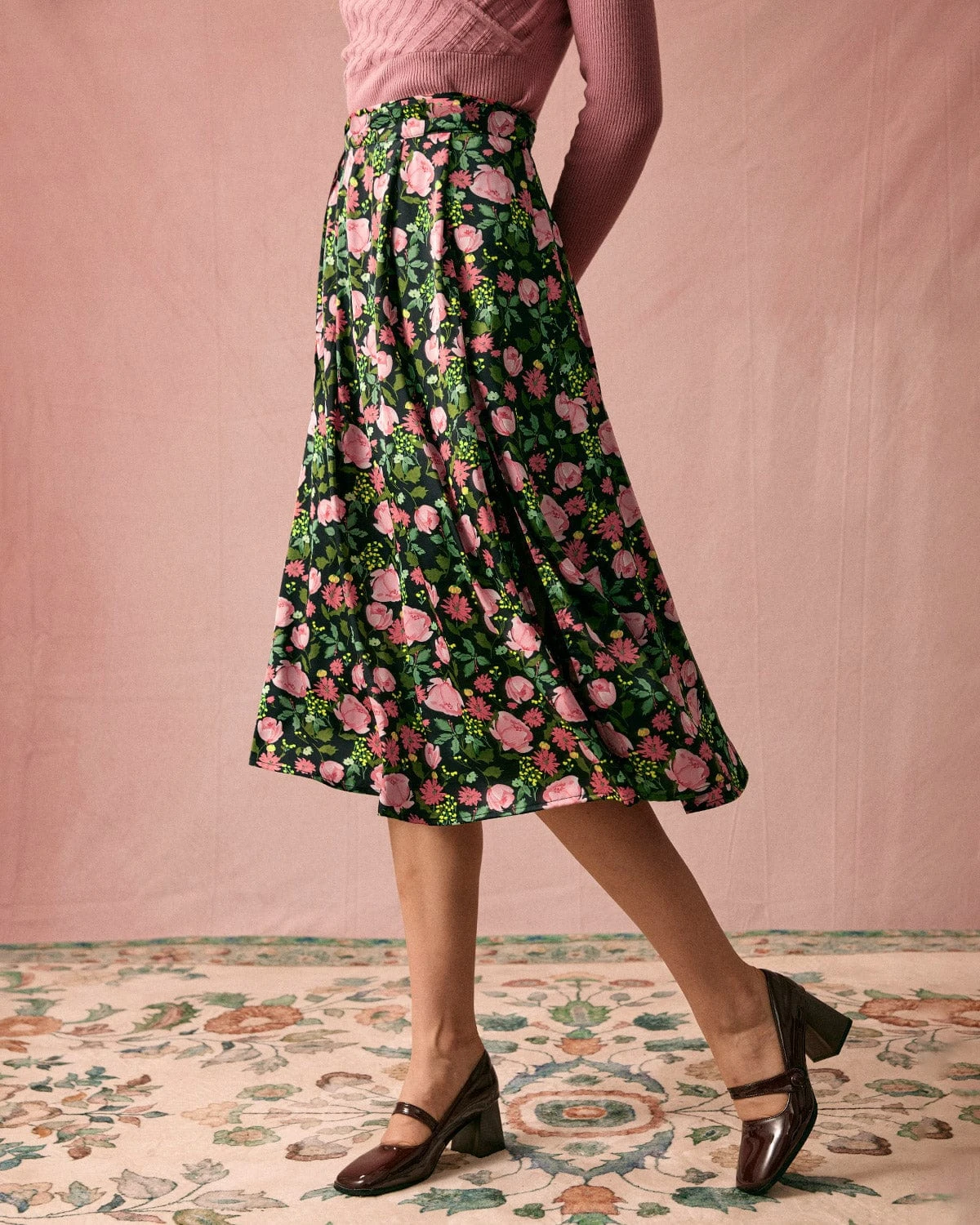 The High Waisted Slit Floral Satin Midi Skirt 1 The High Waisted Slit Floral Satin Midi Skirt