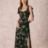 The Black Floral Ruched Tie Strap Slit Midi Dress