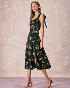 The Black Floral Ruched Tie Strap Slit Midi Dress 10 The Black Floral Ruched Tie Strap Slit Midi Dress -Deals Dress N Swimwear Store the floral tie strap slit midi dress dresses azl6bh