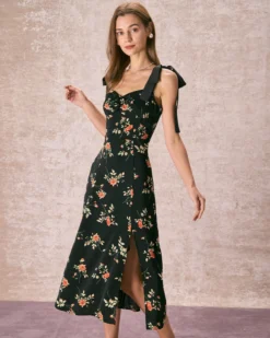 The Black Floral Ruched Tie Strap Slit Midi Dress 11 The Black Floral Ruched Tie Strap Slit Midi Dress -Deals Dress N Swimwear Store the floral tie strap slit midi dress dresses gmhvig