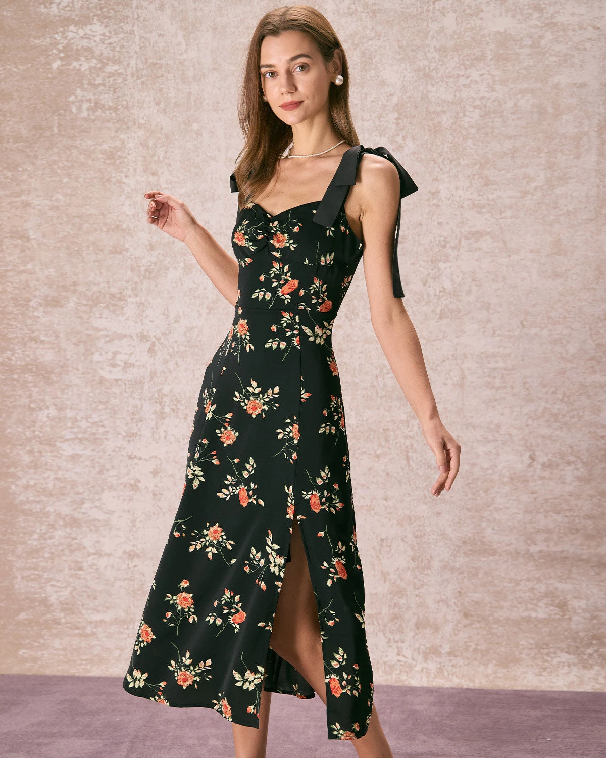 The Black Floral Ruched Tie Strap Slit Midi Dress 4 The Black Floral Ruched Tie Strap Slit Midi Dress - Image 4