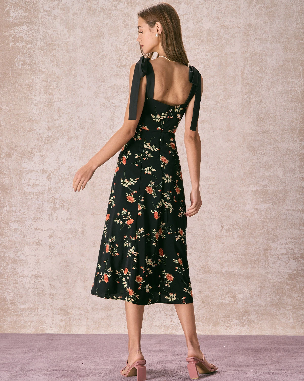 The Black Floral Ruched Tie Strap Slit Midi Dress 6 The Black Floral Ruched Tie Strap Slit Midi Dress - Image 6