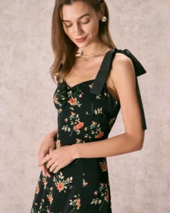 The Black Floral Ruched Tie Strap Slit Midi Dress 12 The Black Floral Ruched Tie Strap Slit Midi Dress -Deals Dress N Swimwear Store the floral tie strap slit midi dress dresses vntg9p