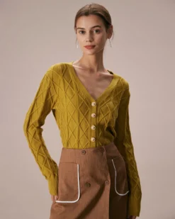 The Ginger V Neck Argyle Ribbed Cardigan 7 The Ginger V Neck Argyle Ribbed Cardigan -Deals Dress N Swimwear Store the ginger v neck argyle cardigan tops bpohnn