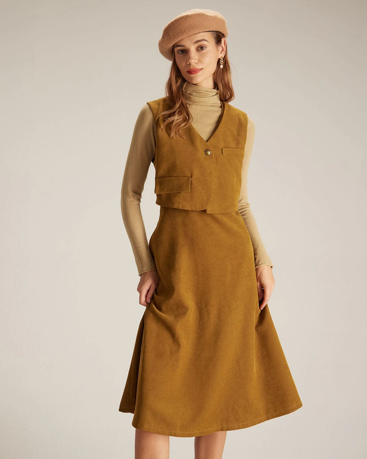 The Ginger V Neck Button Up Vest Midi Dress 1 The Ginger V Neck Button Up Vest Midi Dress