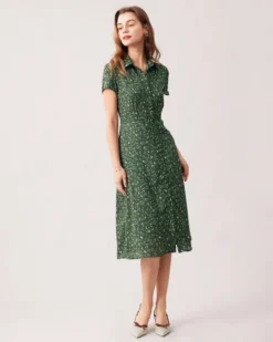 The Green Lapel Button Up Floral Midi Dress -Deals Dress N Swimwear Store the green collared ditsy floral midi dress dresses bvesbd 917975