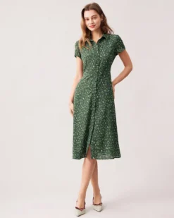 The Green Lapel Button Up Floral Midi Dress -Deals Dress N Swimwear Store the green collared ditsy floral midi dress dresses pzidsg 482082