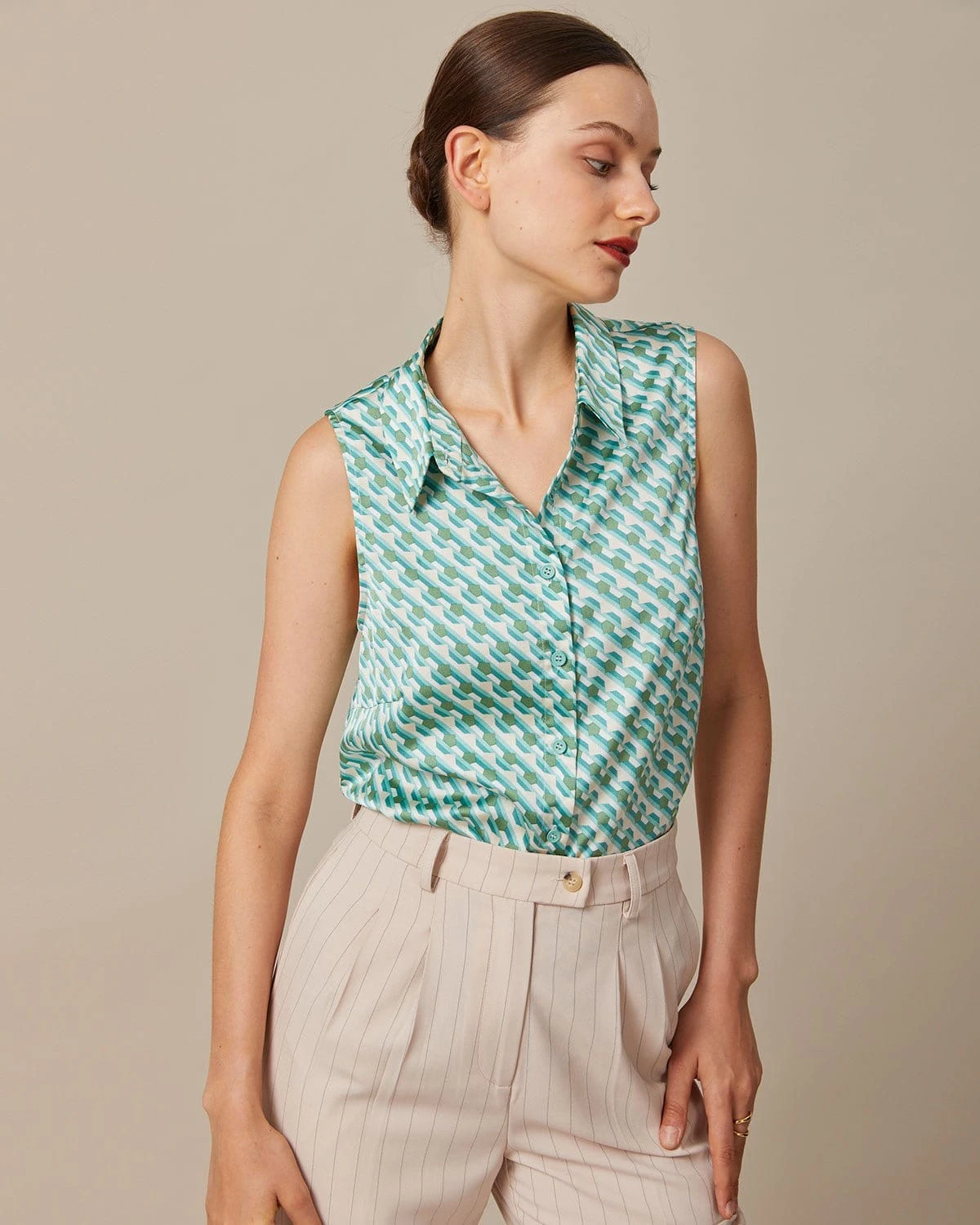 The Green Collared Geometric Print Vest 1 The Green Collared Geometric Print Vest