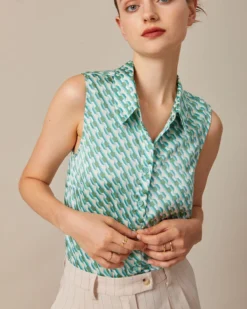 The Green Collared Geometric Print Vest 7 The Green Collared Geometric Print Vest -Deals Dress N Swimwear Store the green collared geometric print vest tops duqbrj 528552