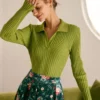 The Green Lapel Ribbed Long Sleeve Knit Top