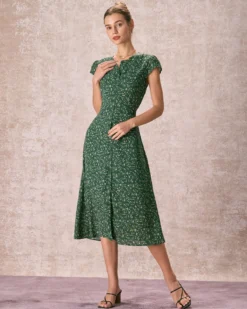 The Green Crew Neck Button-up Floral Midi Dress -Deals Dress N Swimwear Store the green crew neck floral midi dress dresses 9cpces
