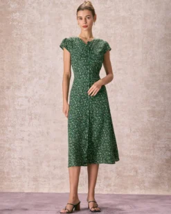 The Green Crew Neck Button-up Floral Midi Dress -Deals Dress N Swimwear Store the green crew neck floral midi dress dresses xp6nci