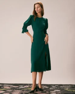 The Green Crew Neck Ruffle Slit Midi Dress -Deals Dress N Swimwear Store the green crew neck ruffle midi dress dresses 9zsy3p