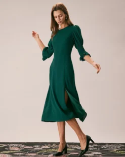 The Green Crew Neck Ruffle Slit Midi Dress -Deals Dress N Swimwear Store the green crew neck ruffle midi dress dresses te8ewu