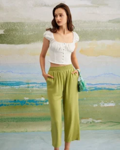 The Green Elastic Waist Straight Ninth Pants 11 The Green Elastic Waist Straight Ninth Pants -Deals Dress N Swimwear Store the green elastic waist straight ninth pants bottoms noc6wv