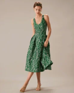The Green V Neck Floral Pleated Midi Dress 10 The Green V Neck Floral Pleated Midi Dress -Deals Dress N Swimwear Store the green floral a line midi dress dresses j1gbbl