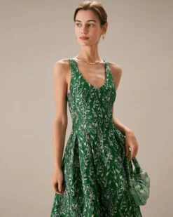 The Green V Neck Floral Pleated Midi Dress 8 The Green V Neck Floral Pleated Midi Dress -Deals Dress N Swimwear Store the green floral a line midi dress dresses yga9aq