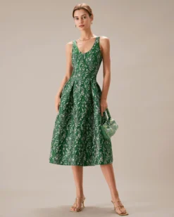The Green V Neck Floral Pleated Midi Dress