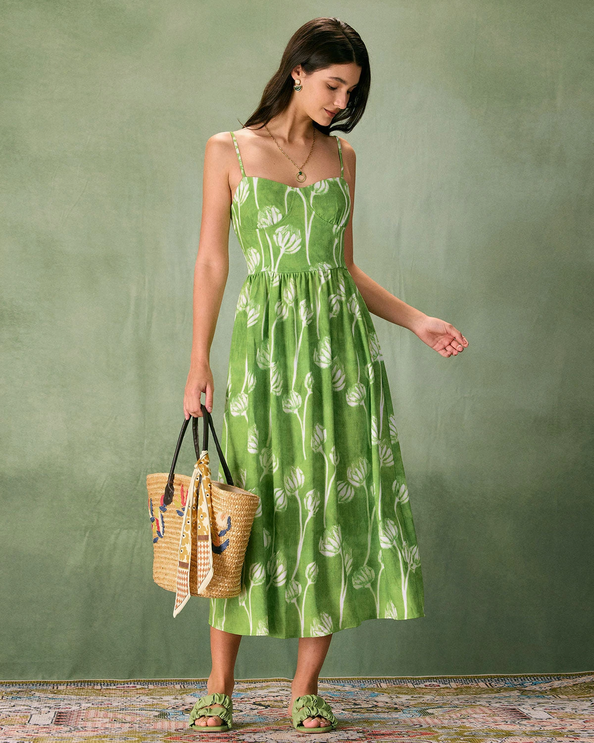 The Green Floral Ruched Slip Midi Dress 5 The Green Floral Ruched Slip Midi Dress - Image 5