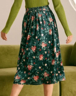 The Green Elastic Waist Floral Velvet Midi Skirt -Deals Dress N Swimwear Store the green floral velvet midi skirt bottoms l93okc